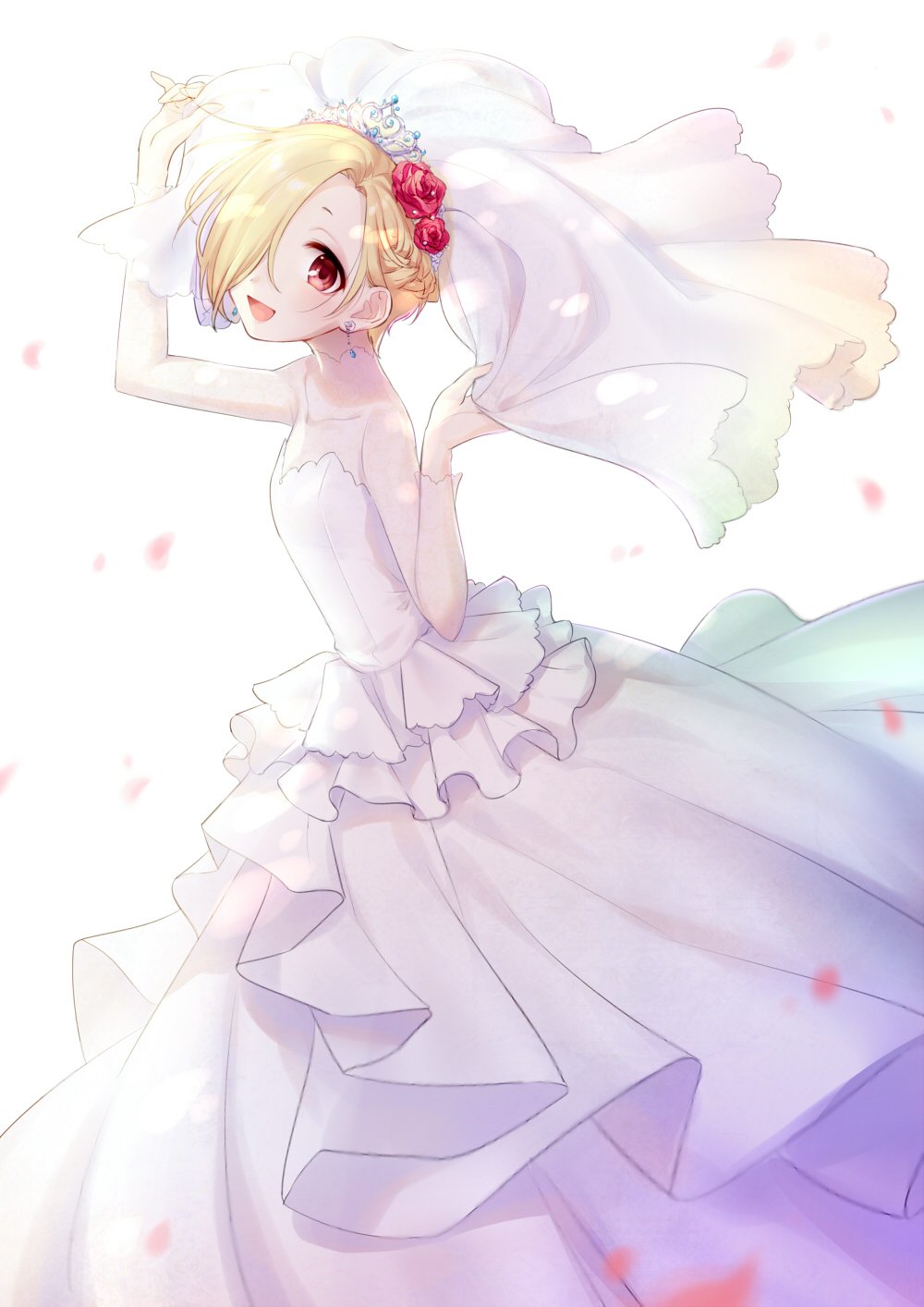 1girl :d backlighting blonde_hair blush bridal_veil bride collarbone commentary_request dress earrings flower hair_flower hair_ornament hair_over_one_eye hako_(gyhujikolp) highres idolmaster idolmaster_cinderella_girls jewelry looking_at_viewer open_mouth petals red_eyes rose shirasaka_koume short_hair simple_background smile solo strapless strapless_dress tiara veil wedding_dress white_background white_dress