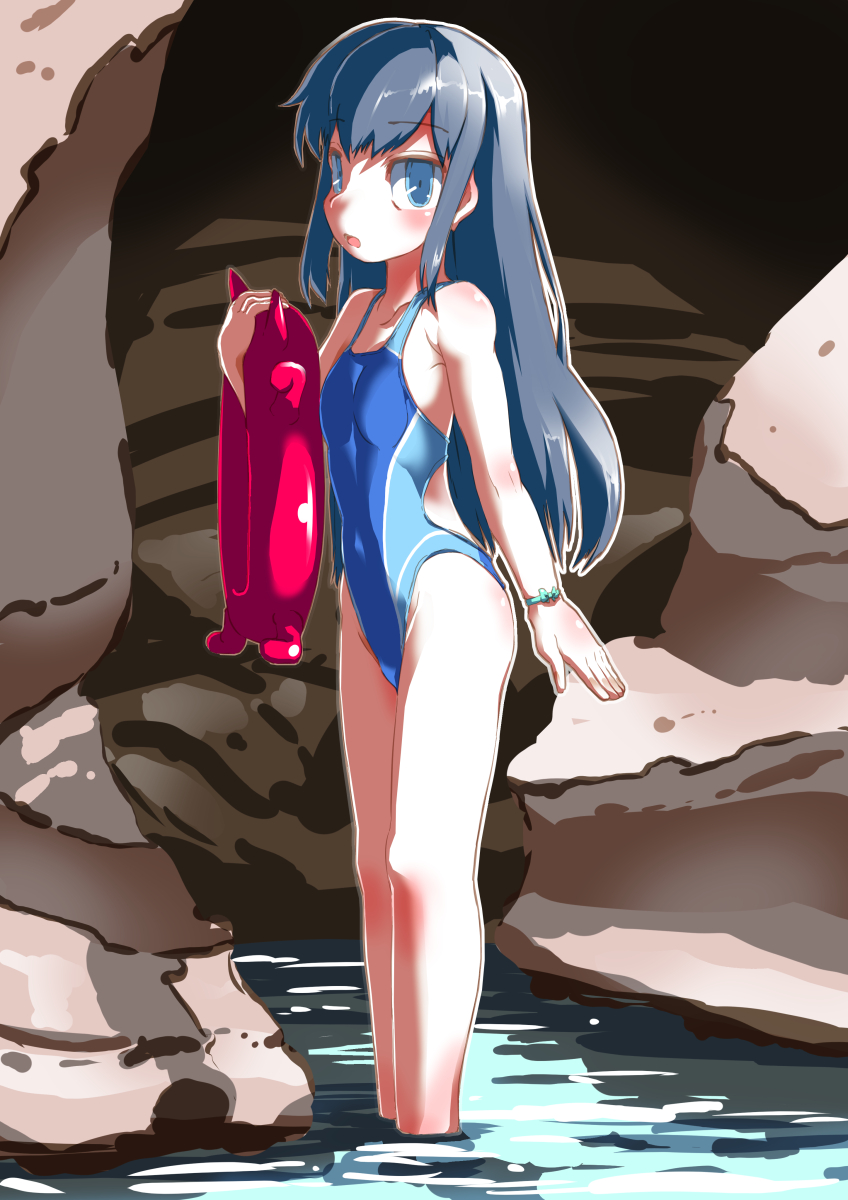 1girl asashio_(kantai_collection) black_hair blue_eyes blue_swimsuit competition_swimsuit covered_navel enemy_lifebuoy_(kantai_collection) flat_chest highres kantai_collection long_hair looking_at_viewer one-piece_swimsuit rock solo standing sukiyo swimsuit water