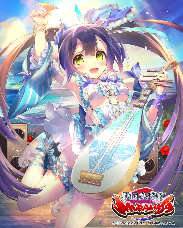 1girl :d bangle bangs blue_sky blush bracelet breasts cleavage clouds copyright_name detached_sleeves full_body gradient_hair hair_ornament instrument jewelry jumping long_hair lute_(instrument) matataki multicolored_hair music official_art open_mouth outdoors parted_bangs playing_instrument plectrum sengoku_bushouki_muramasa sky small_breasts smile speaker twintails under_boob very_long_hair watermark wristband yellow_eyes