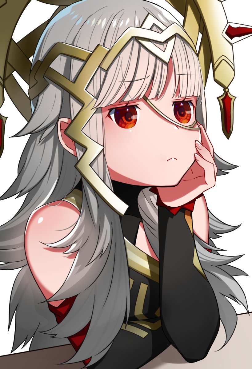 1girl closed_mouth crown fire_emblem fire_emblem_heroes frown grey_hair hand_on_own_face highres long_hair red_eyes ringozaka_mariko simple_background solo veronica_(fire_emblem) white_background