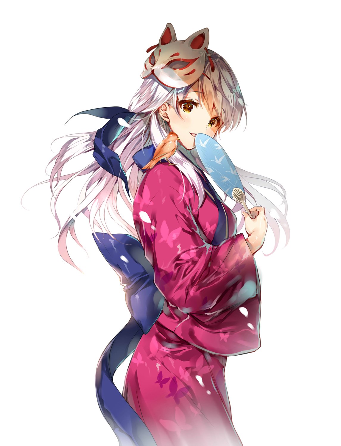 1girl animal animal_on_shoulder animal_print bangle bird_on_shoulder bracelet bug butterfly butterfly_print fan fire_emblem fire_emblem:_akatsuki_no_megami fire_emblem_heroes hair_ribbon half_updo highres insect japanese_clothes jewelry kimono long_hair looking_at_viewer mask micaiah miwabe_sakura obi ribbon sash silver_hair smile solo wide_sleeves yellow_eyes yukata yune