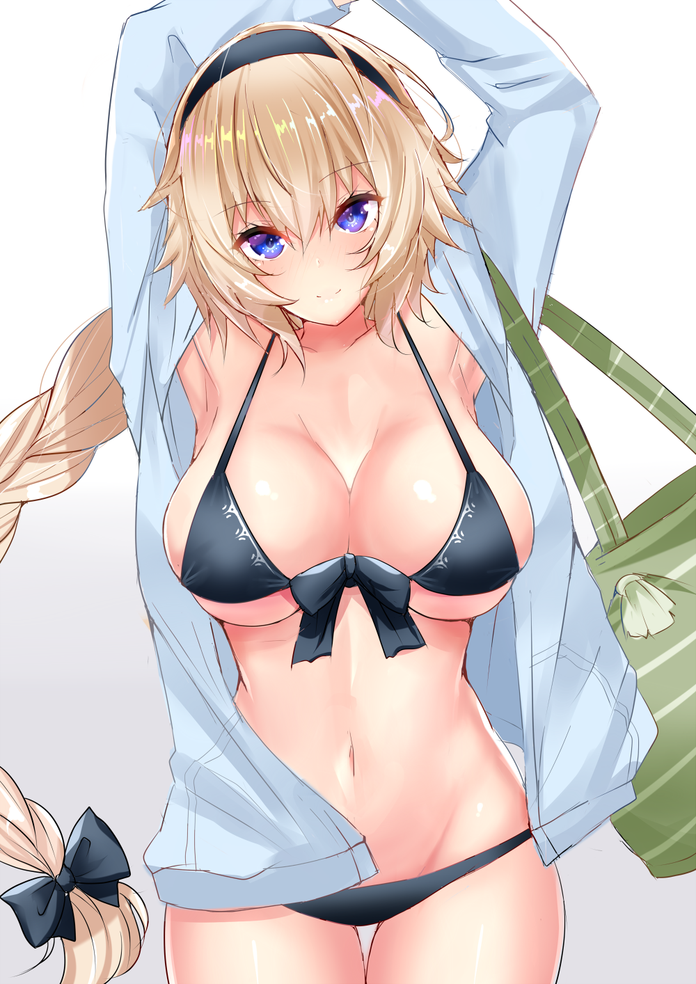 1girl armpits arms_up bag bangs bare_shoulders bikini black_bikini black_bow blonde_hair blue_eyes blue_jacket blush bow braid breasts cleavage closed_mouth collarbone fate/grand_order fate_(series) hair_between_eyes hair_bow hairband highres hips hood hoodie jacket jeanne_d'arc_(fate)_(all) jeanne_d'arc_(swimsuit_archer) large_breasts long_braid long_hair looking_at_viewer navel open_clothes open_jacket sankakusui shiny shiny_hair shiny_skin shoulder_bag single_braid solo swimsuit thighs waist white_background