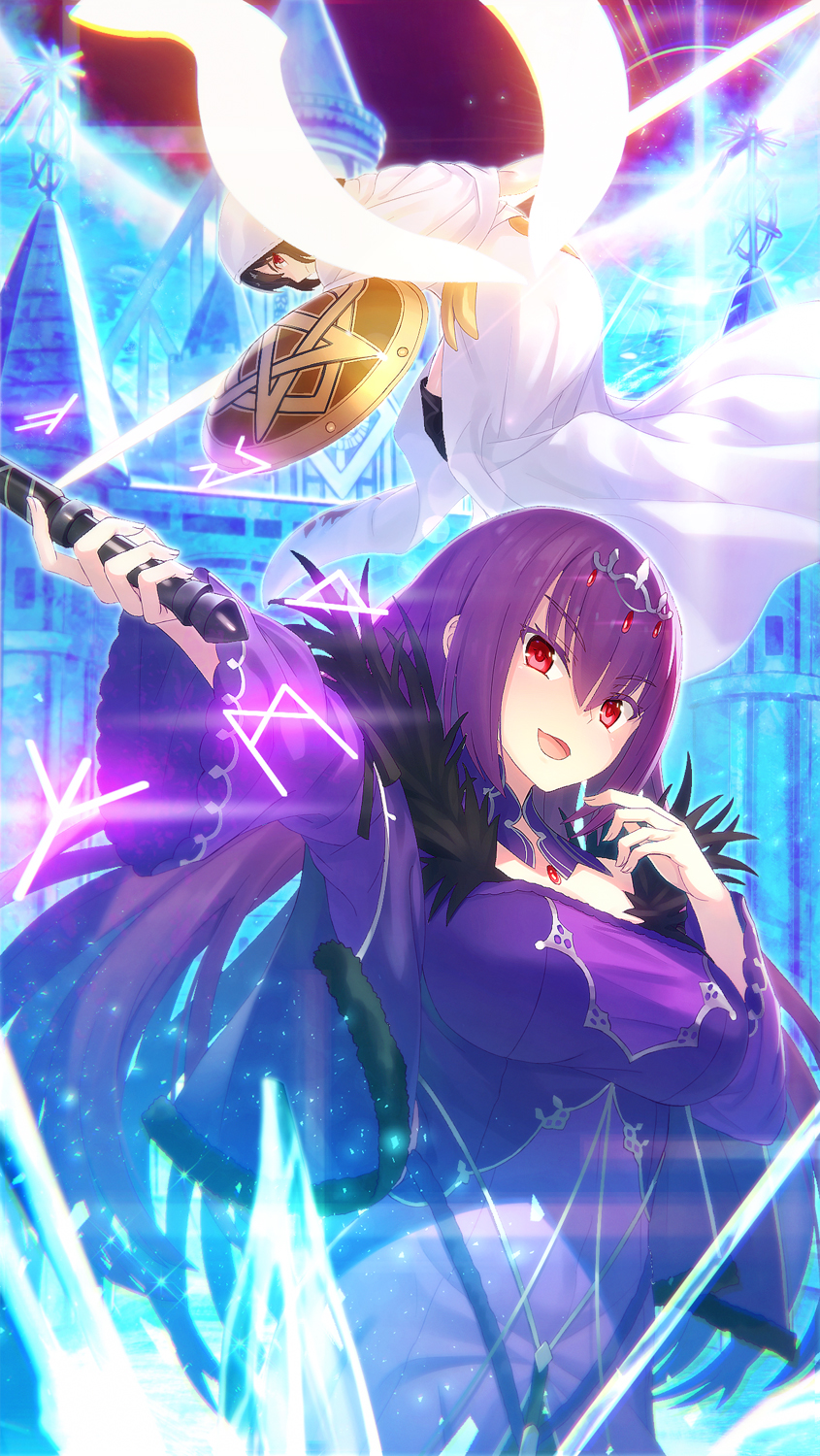 2girls :d bangs blush breasts brown_hair capelet castle dress eyebrows_visible_through_hair fate/grand_order fate_(series) feather_trim fingernails glowing glowing_wings hair_between_eyes hands_up headpiece highres holding holding_shield holding_wand hood hood_up kaina_(tsubasakuronikuru) large_breasts long_hair long_sleeves multiple_girls open_mouth ortlinde_(fate/grand_order) outstretched_arm purple_dress purple_hair red_eyes robe scathach_(fate)_(all) scathach_skadi_(fate/grand_order) shield smile valkyrie_(fate/grand_order) very_long_hair wand white_capelet white_robe wide_sleeves wings