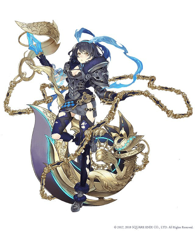 1girl alice_(sinoalice) axe blue_hair chains cleavage_cutout expressionless eyebrows_visible_through_hair full_body fur_trim hair_ribbon hairband huge_weapon ji_no looking_at_viewer official_art orange_eyes parted_lips ribbon short_hair shoulder_armor sinoalice solo thigh-highs torn_clothes torn_thighhighs weapon white_background