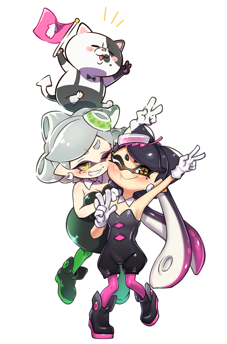 +_+ 2girls ankle_boots aori_(splatoon) black_dress black_footwear black_hair black_jumpsuit blush boots brown_eyes cat collaboration commentary_request cousins detached_collar domino_mask dress face-to-face flag food food_on_head full_body gradient_hair green_legwear grey_hair grin hand_on_another's_shoulder highres holding holding_flag hotaru_(splatoon) jajji-kun_(splatoon) long_hair looking_at_viewer mask mole mole_under_eye multicolored_hair multiple_girls notice_lines object_on_head one_eye_closed pantyhose pointy_ears puchiman purple_hair purple_legwear short_dress short_hair short_jumpsuit simple_background smile splatoon splatoon_(series) splatoon_1 standing strapless strapless_dress sushi tentacle_hair ueda_kou v white_background