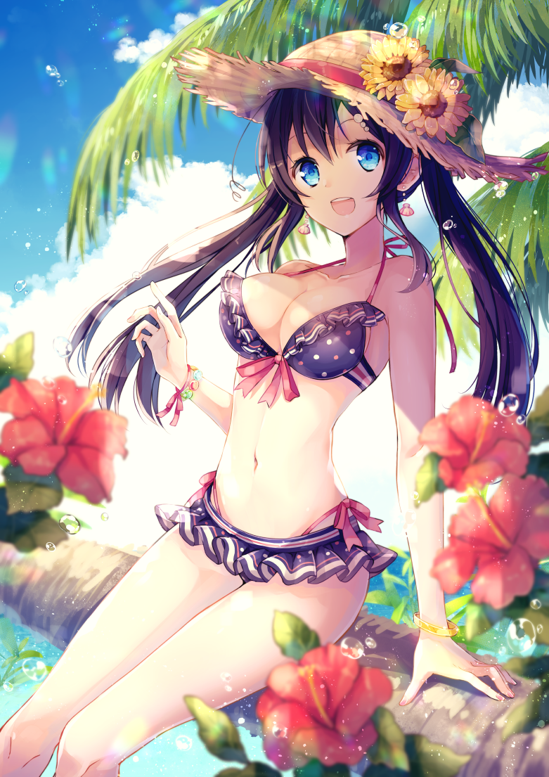 1girl :d arm_support bangs bare_shoulders bikini black_bikini black_hair blue_eyes blue_sky blurry blurry_foreground blush breasts cleavage clouds cloudy_sky collarbone commentary_request day depth_of_field earrings fingernails flower goma_(11zihisin) hair_between_eyes hand_up hat hat_flower horizon in_tree jewelry long_hair medium_breasts navel ocean open_mouth original outdoors palm_tree polka_dot polka_dot_bikini red_flower round_teeth sky smile solo straw_hat swimsuit teeth tree tree_branch twintails upper_teeth very_long_hair water yellow_flower