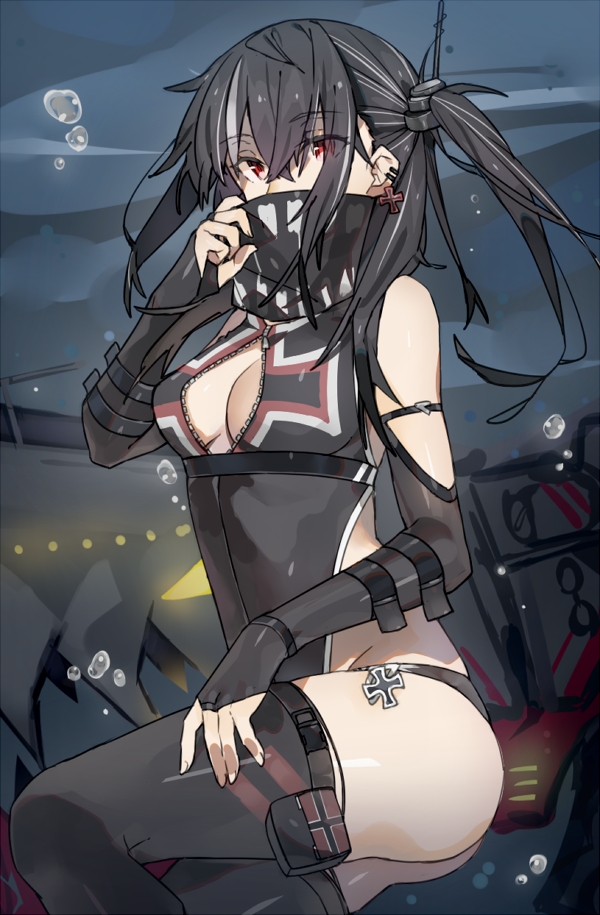1girl air_bubble azur_lane bangs bare_shoulders black_hair black_legwear black_swimsuit breasts bridal_gauntlets bubble center_opening cleavage covered_mouth earrings eyebrows_visible_through_hair eyes_visible_through_hair fingernails groin hair_between_eyes hand_up iron_cross jewelry long_hair looking_at_viewer medium_breasts multicolored_hair one-piece_swimsuit one_side_up outdoors red_eyes shirotae_moyashi sidelocks silver_hair solo streaked_hair swimsuit thigh-highs u-47_(azur_lane) underwater water