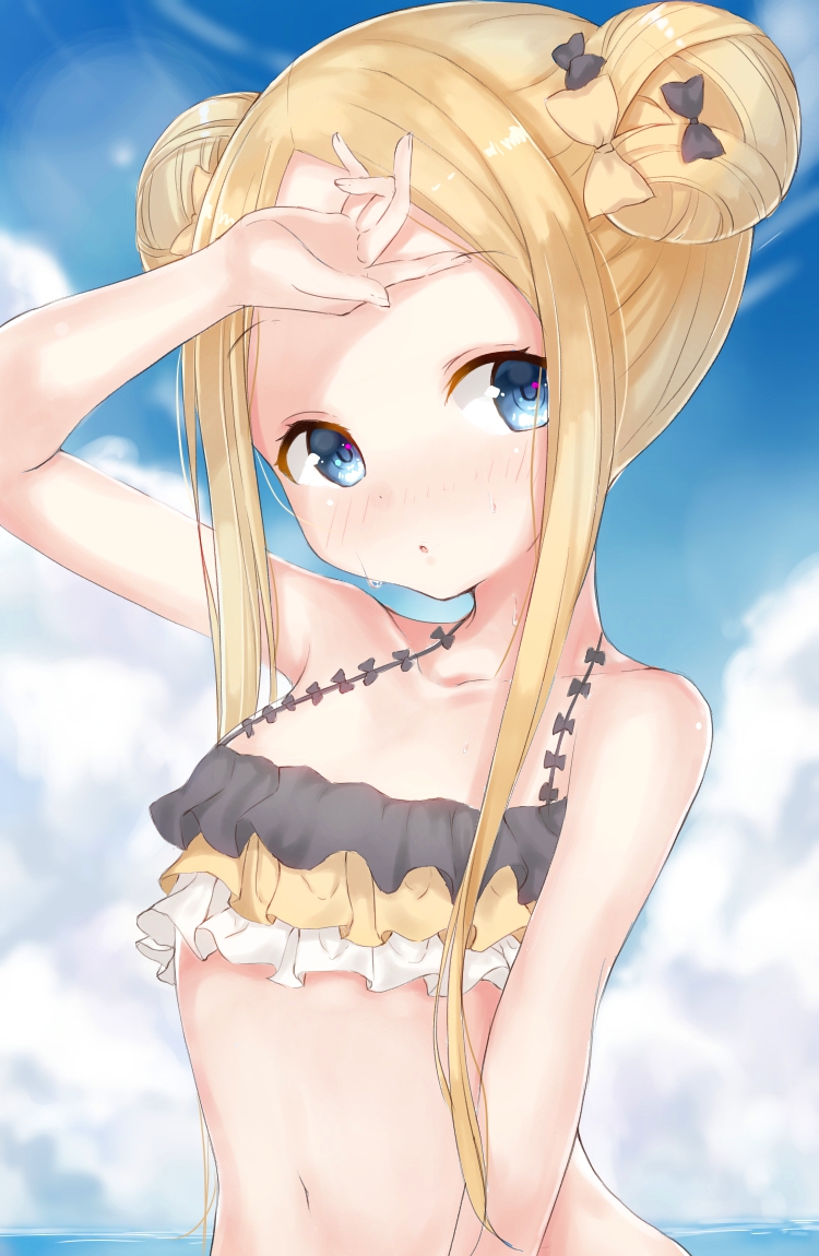 1girl :o abigail_williams_(fate/grand_order) arm_up bangs bare_arms bare_shoulders bikini black_bikini black_bow blonde_hair blue_eyes blue_sky blush bow clouds cloudy_sky collarbone commentary_request day double_bun emerald_float eyebrows_visible_through_hair fate/grand_order fate_(series) fingernails hair_bow hand_on_own_forehead head_tilt horizon long_hair looking_at_viewer navel nose_blush ocean orange_bow outdoors parted_bangs parted_lips parusu_(ehyfhugj) side_bun sidelocks sky solo sweat swimsuit upper_body very_long_hair water