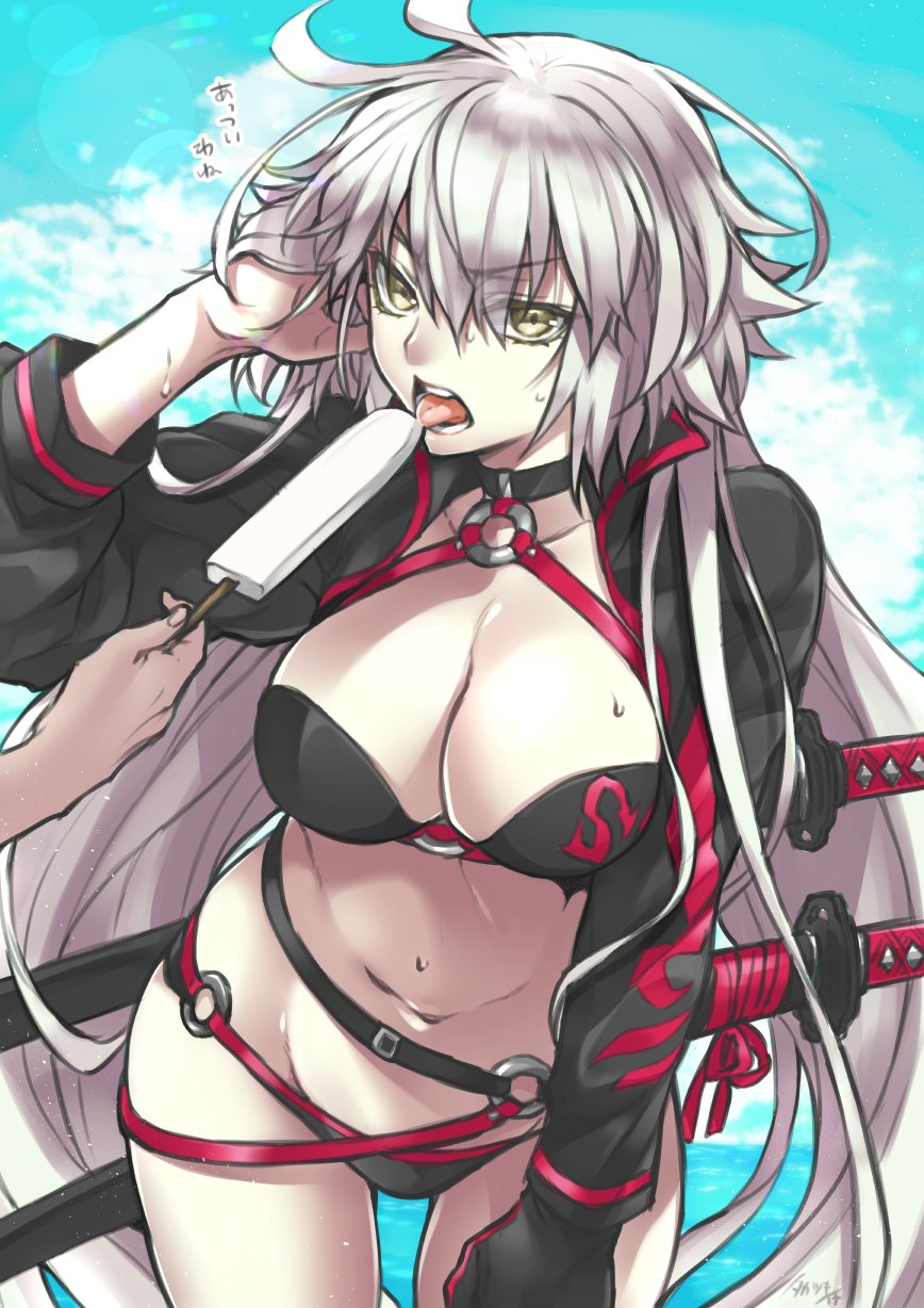 1girl bikini black_bikini black_jacket breasts choker commentary_request fate/grand_order fate_(series) food highres jacket jeanne_d'arc_(alter_swimsuit_berserker) large_breasts long_hair looking_at_viewer o-ring popsicle sky swimsuit takatsuki_ichi tongue tongue_out yellow_eyes