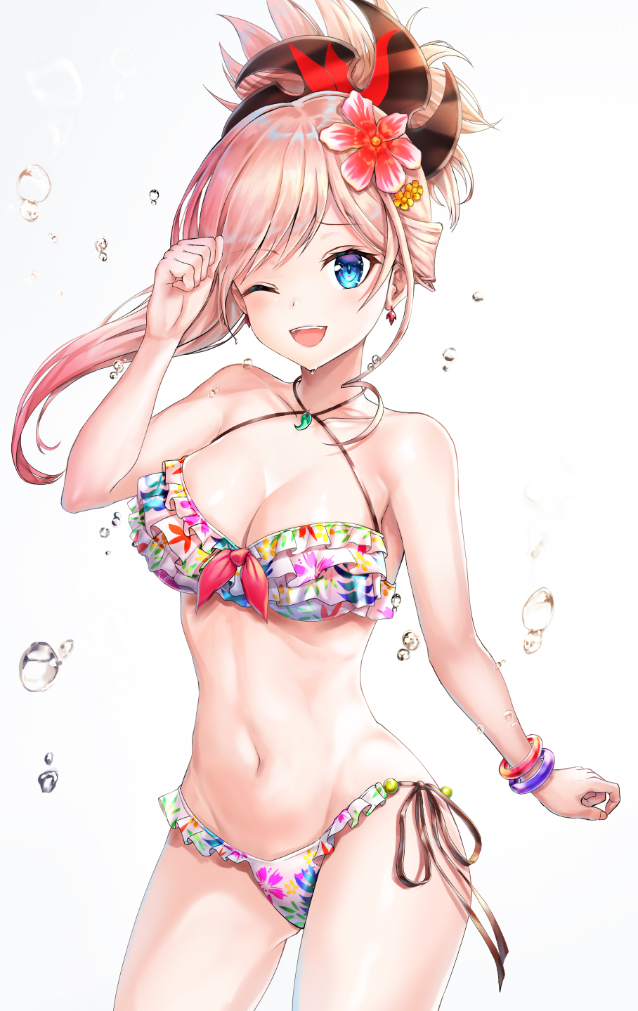1girl ;d arm_up bangs bare_arms bare_shoulders bikini blue_eyes blush breasts cleavage collarbone commentary_request eyebrows_visible_through_hair fate/grand_order fate_(series) floral_print flower frilled_bikini frills groin hair_flower hair_ornament highres long_hair lunacle magatama magatama_necklace medium_breasts miyamoto_musashi_(fate/grand_order) navel one_eye_closed open_mouth pink_hair ponytail print_bikini red_flower side-tie_bikini smile solo swimsuit upper_teeth white_bikini yellow_flower