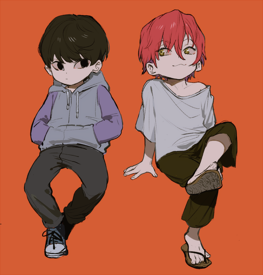 2boys :3 arm_support arms_at_sides bangs bare_shoulders black_hair black_pants brown_pants child closed_mouth cross-laced_footwear crossed_legs drawstring flip-flops full_body grey_footwear grey_hoodie grey_pants grey_shirt hands_in_pockets hisoka_morow hood hood_down hoodie hunter_x_hunter illumi_zoldyck invisible_chair long_sleeves looking_at_another looking_away male_child male_focus multiple_boys off_shoulder orange_background pants purple_sleeves qin_(7833198) redhead sandals shirt shoe_soles shoes short_hair side-by-side sideways_glance simple_background sitting smirk sneakers t-shirt yellow_eyes younger