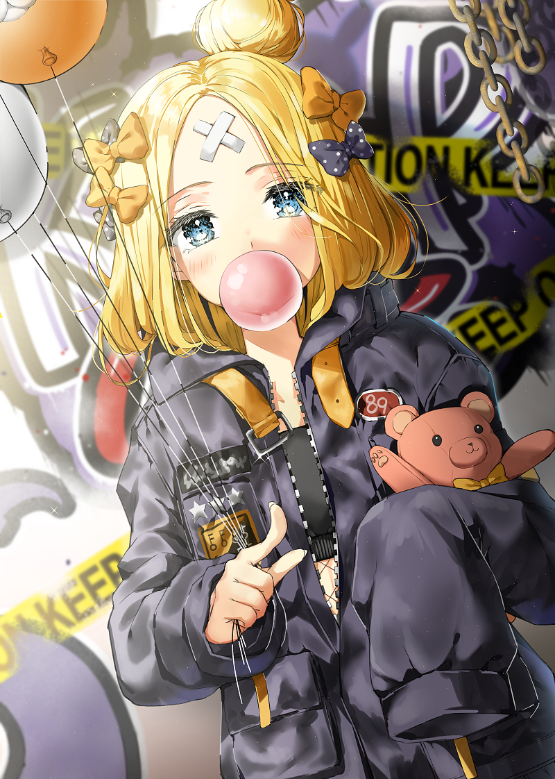 1girl abigail_williams_(fate/grand_order) balloon bangs black_bow black_jacket blonde_hair blue_eyes blush bow bubble_blowing caution_tape chains chewing_gum commentary_request crossed_bandaids dutch_angle eyebrows_visible_through_hair fate/grand_order fate_(series) fingernails graffiti h_shai hair_bow hair_bun holding holding_balloon jacket keep_out key long_hair long_sleeves looking_at_viewer object_hug orange_bow parted_bangs partially_unzipped pointing pointing_at_viewer polka_dot polka_dot_bow sleeves_past_fingers sleeves_past_wrists solo star stuffed_animal stuffed_toy teddy_bear tentacle zipper