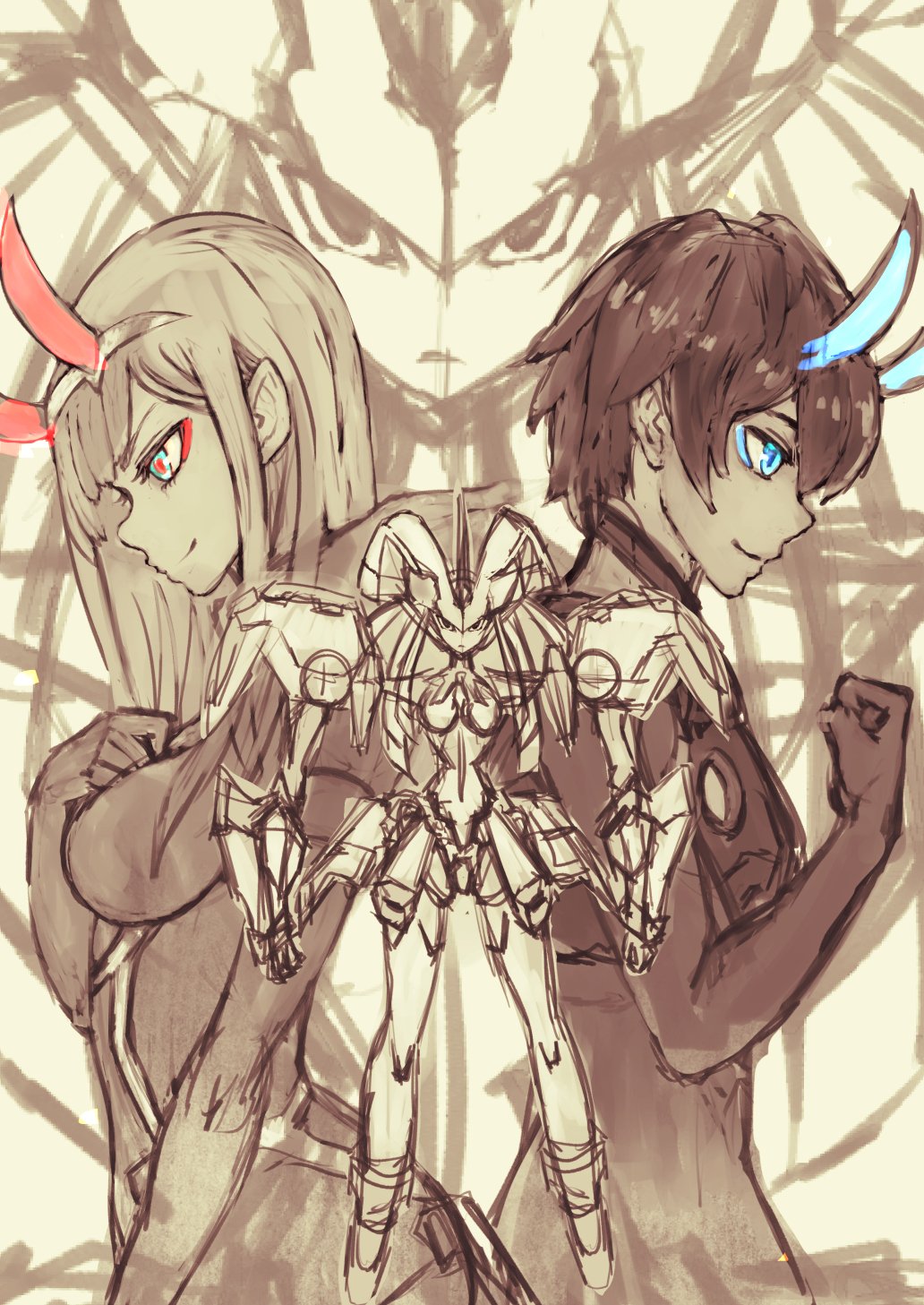 1boy 1girl back-to-back bangs blue_eyes blue_horns bodysuit breasts clenched_hand commentary_request couple darling_in_the_franxx gloves green_eyes hair_ornament hairband hand_on_own_chest hetero highres hiro_(darling_in_the_franxx) horns limited_palette long_hair mecha medium_breasts oni_horns pilot_suit red_horns red_pupils sabamisob short_hair strelizia zero_two_(darling_in_the_franxx)