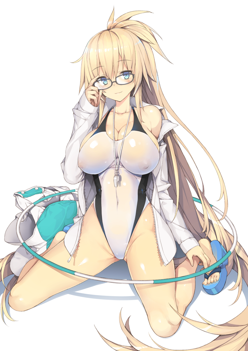 1girl bangs bare_legs blonde_hair blue_eyes blue_jacket bow breasts cleavage commentary_request competition_swimsuit erect_nipples eyebrows_visible_through_hair fate/grand_order fate_(series) hair_bow highleg highleg_swimsuit hood hooded_track_jacket jacket jeanne_d'arc_(fate) jeanne_d'arc_(fate)_(all) jeanne_d'arc_(swimsuit_archer) large_breasts long_hair looking_at_viewer one-piece_swimsuit shiny shiny_skin single_bare_shoulder sitting solo swimsuit thighs track_jacket very_long_hair yuguru