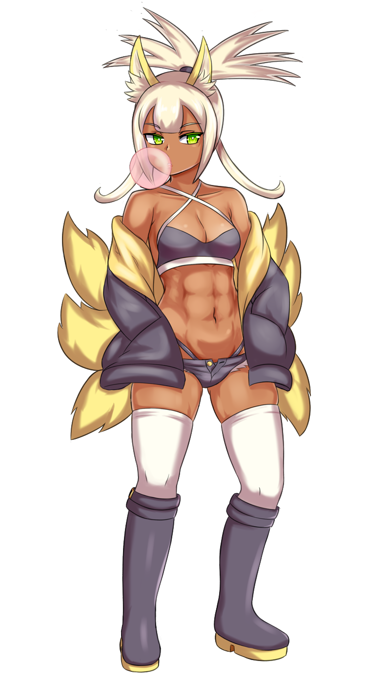 1girl abs animal_ears bare_shoulders boots borrowed_character breasts bubble_blowing chewing_gum collarbone commentary commission cutoffs english_commentary eyebrows_visible_through_hair fox_ears fox_girl fox_tail full_body green_eyes hands_in_pockets harumi_(elh) high_ponytail highres jacket knee_boots long_hair looking_at_viewer multiple_tails nav navel off_shoulder original short_shorts shorts skindentation small_breasts solo standing tail thigh-highs toned transparent_background unbuttoned white_hair white_legwear