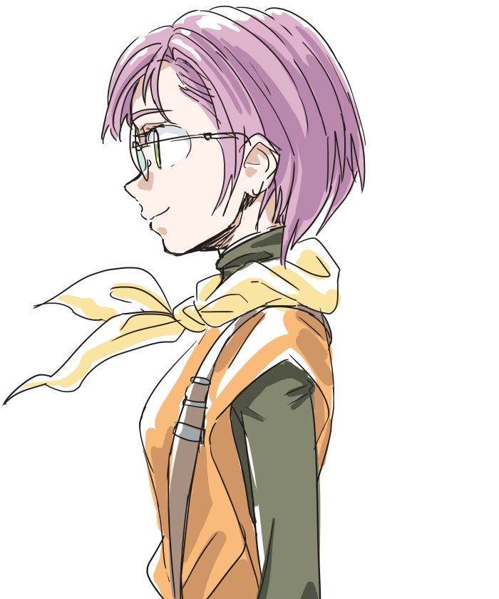 1girl breasts chrono_trigger commentary_request glasses lucca_ashtear purple_hair s-a-murai scarf short_hair smile solo