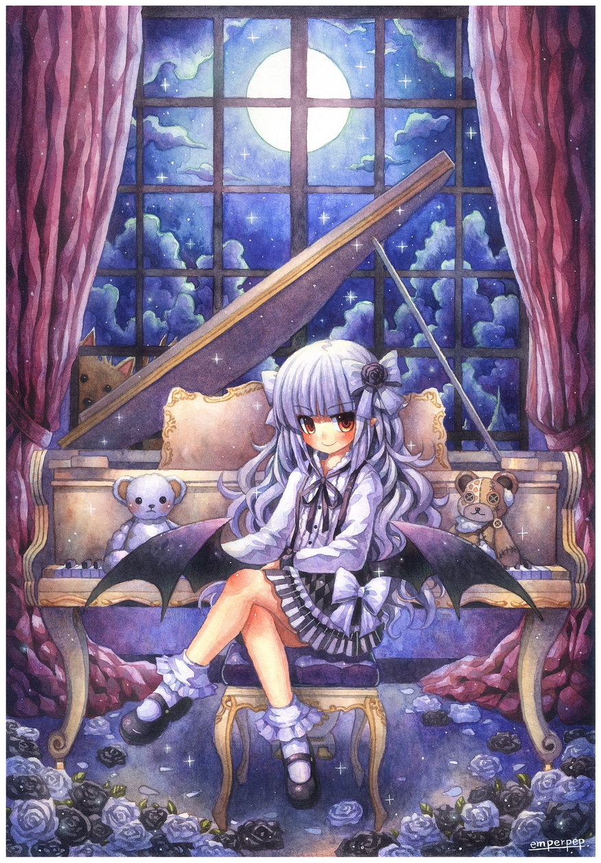 1girl bangs black_flower black_rose blanca_(liliorl) bow commission curtains dress emperpep flower frilled_dress frills hair_bow hair_flower hair_ornament highres indoors instrument long_hair long_sleeves looking_at_viewer moon moonlight night night_sky orange_eyes original piano piano_bench piano_print red_eyes ribbon rose sky smile solo stuffed_animal stuffed_toy teddy_bear traditional_media watercolor_(medium) watercolor_pencil_(medium) wavy_hair white_hair window