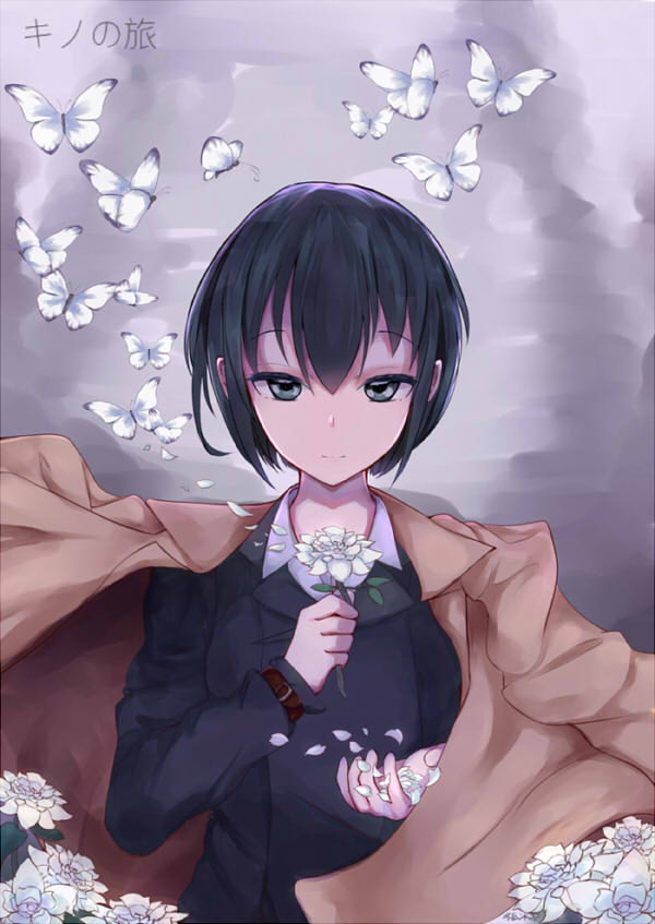 1girl androgynous black_eyes black_hair bug butterfly chinese_commentary coat commentary_request donggua_bing_cha flower green_jacket insect jacket kino kino_no_tabi overcoat petals reverse_trap short_hair solo tomboy