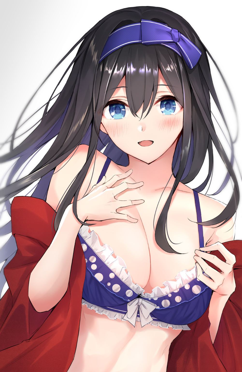 1girl anza_tomo bikini black_hair blue_bikini blue_eyes blush breasts cape cleavage collarbone commentary_request eyebrows_visible_through_hair hair_between_eyes hairband hands_on_own_chest highres idolmaster idolmaster_cinderella_girls jewelry large_breasts long_hair looking_at_viewer necklace red_cape sagisawa_fumika simple_background smile swimsuit upper_body