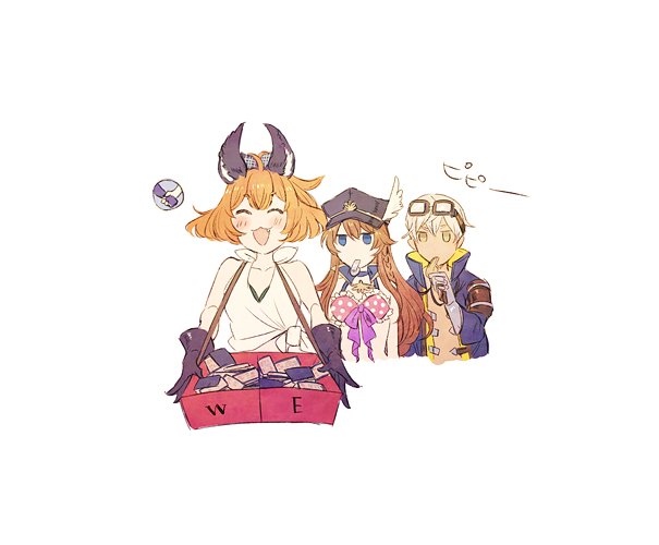 1boy 2girls :3 a082 alternate_costume bikini blue_eyes braid brown_hair closed_eyes dark_skin erune fang frilled_bikini frills goggles goggles_on_head granblue_fantasy hat joel_(granblue_fantasy) karteira lecia_(granblue_fantasy) long_hair multiple_girls polka_dot polka_dot_bikini silver_hair swimsuit yellow_eyes