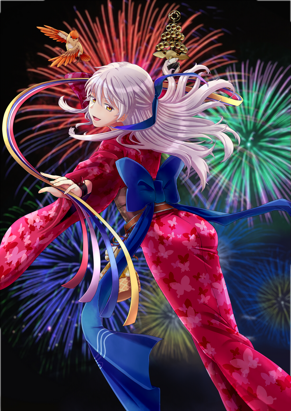 1girl animal animal_on_shoulder animal_print bangs bell bird bird_on_shoulder bridal_gauntlets bug butterfly butterfly_print commentary_request eyebrows_visible_through_hair fire_emblem fire_emblem:_akatsuki_no_megami fire_emblem_heroes fireworks full_body harumiya_(hayatobi23) highres holding insect japanese_clothes jingle_bell kagura_suzu kimono kinchaku long_hair looking_at_viewer micaiah obi parted_lips pouch sandals sash silver_hair smile standing summer_festival transparent_background wide_sleeves yellow_eyes yukata yune