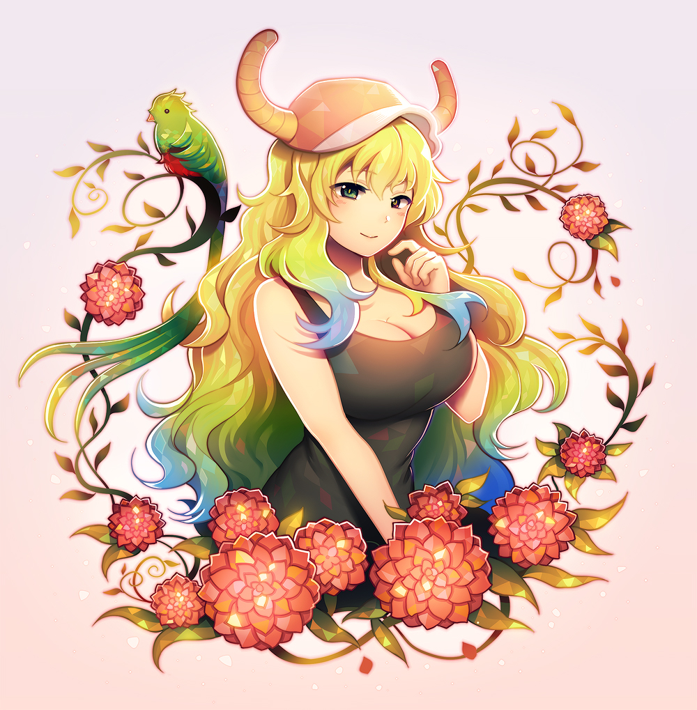 bangs baseball_cap bird blonde_hair blue_hair breasts cleavage floral_background flower gradient_hair green_eyes green_hair hat heterochromia horns kobayashi-san_chi_no_maidragon large_breasts longestdistance messy_hair multicolored multicolored_eyes multicolored_hair quetzalcoatl_(maidragon) red_eyes smile tank_top