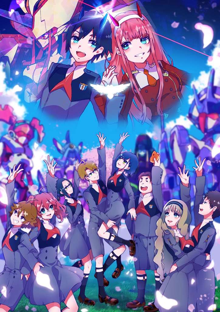 5boys 5girls ahoge argentea_(darling_in_the_franxx) bangs bird black_hair blonde_hair blue_eyes blue_hair blue_horns blue_sky blush breasts brown_footwear brown_hair cherry_blossoms chlorophytum closed_eyes clouds cloudy_sky commentary_request couple darling_in_the_franxx day delphinium_(darling_in_the_franxx) dress eyebrows_visible_through_hair floating_hair flower food futoshi_(darling_in_the_franxx) genista_(darling_in_the_franxx) glasses gorou_(darling_in_the_franxx) grass green_eyes grey_dress grey_legwear grey_shirt grey_shorts hair_ornament hairband hand_holding hand_on_another's_hip hand_on_another's_leg hand_on_another's_waist hand_on_hip hand_on_own_chest hand_on_thigh hand_up hetero hiro_(darling_in_the_franxx) holding holding_food holding_leg horns hug ichigo_(darling_in_the_franxx) ikuno_(darling_in_the_franxx) interlocked_fingers kokoro_(darling_in_the_franxx) light_brown_hair locked_arms long_hair long_sleeves looking_up mecha medium_breasts miku_(darling_in_the_franxx) military military_uniform mitsuru_(darling_in_the_franxx) multiple_boys multiple_girls necktie oni_horns orange_neckwear petals pink_hair ponytail purple_hair purple_hairband red_dress red_horns red_neckwear redhead shirt shoes short_hair shorts sky small_breasts socks strelizia thick_eyebrows thighs tree twintails uniform violet_eyes white_hairband yoshi2_oide zero_two_(darling_in_the_franxx) zorome_(darling_in_the_franxx)