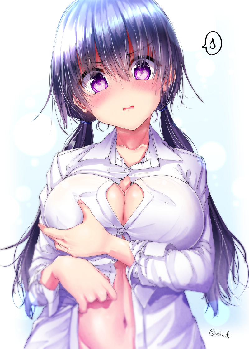 1girl bangs blue_background blush breast_grab breasts cleavage collarbone collared_shirt dress_shirt eyebrows_visible_through_hair grabbing grabbing_own_breast gradient gradient_background groin hair_between_eyes head_tilt large_breasts long_hair long_sleeves looking_at_viewer low_twintails mokufuu navel open_clothes open_shirt original parted_lips purple_hair shirt solo speech_bubble spoken_sweatdrop sweatdrop twintails twitter_username very_long_hair violet_eyes wavy_mouth white_background white_shirt