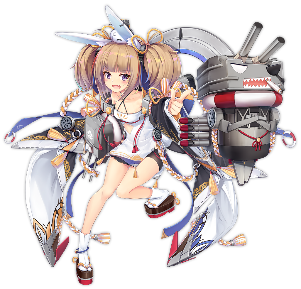 1girl adapted_costume aixioo anchor_symbol animal_ears azur_lane bare_shoulders breasts brown_hair cannon collarbone detached_sleeves fang full_body hair_ornament kagerou_(azur_lane) long_hair looking_at_viewer machinery official_art open_mouth pointing pointing_at_viewer rabbit_ears rigging small_breasts solo torpedo transparent_background turret twintails violet_eyes white_legwear wide_sleeves
