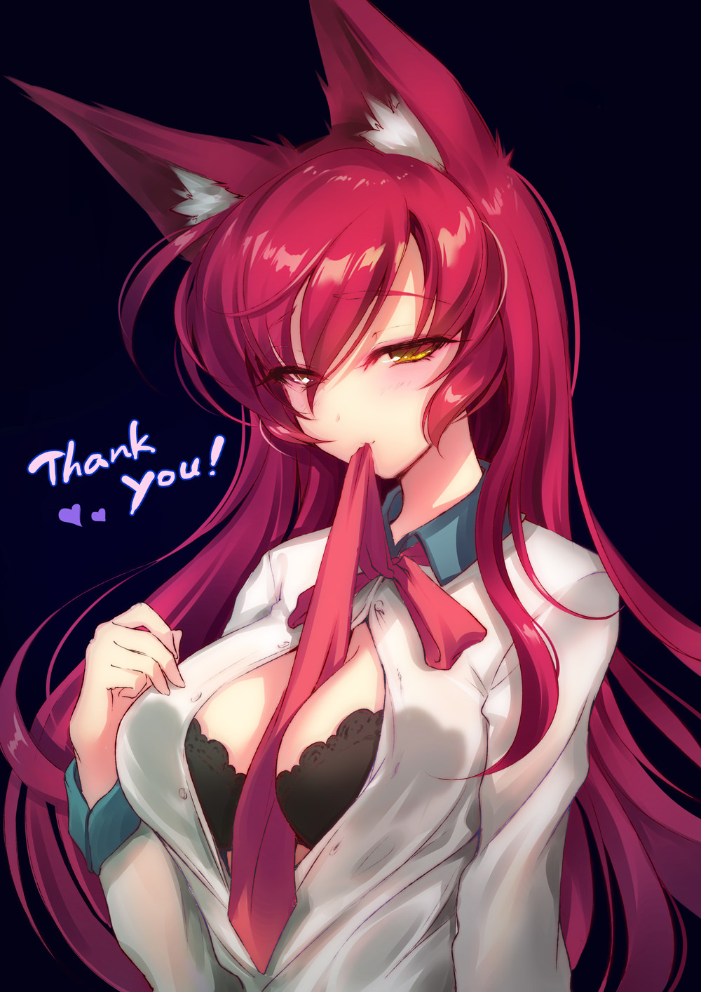 1girl academy_ahri ahri animal_ears between_breasts black_bra blush bra breasts fox_ears heart highres large_breasts league_of_legends long_hair looking_at_viewer necktie necktie_between_breasts open_clothes open_shirt redhead s-yin school_uniform solo underwear whisker_markings yellow_eyes