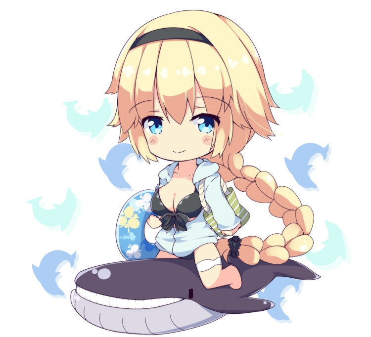 1girl absurdly_long_hair bag bangs bikini black_bikini black_hairband blonde_hair blue_eyes blue_innertube blue_jacket blush_stickers braid breasts chibi cleavage closed_mouth collarbone commentary_request eyebrows_visible_through_hair fate/grand_order fate_(series) front-tie_bikini front-tie_top full_body fuuna hair_between_eyes hairband hood hood_down hooded_jacket inflatable_toy inflatable_whale innertube jacket jeanne_d'arc_(fate)_(all) jeanne_d'arc_(swimsuit_archer) long_hair long_sleeves medium_breasts single_braid smile solo swimsuit very_long_hair