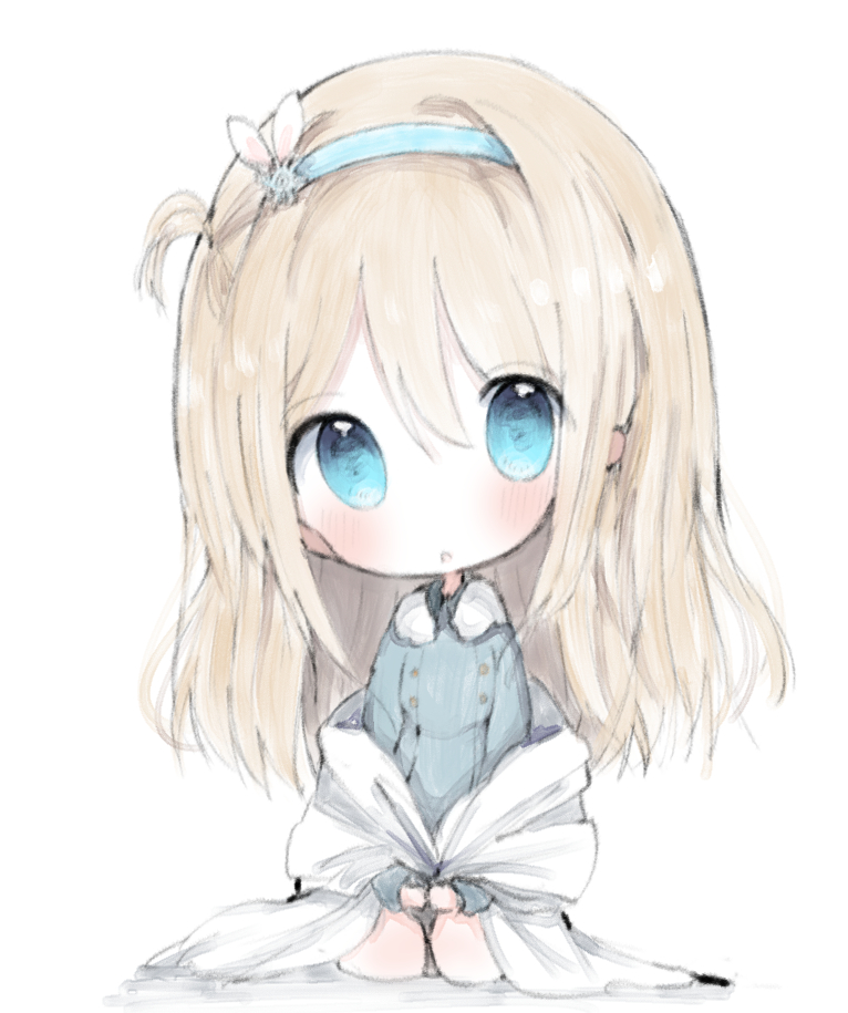 1girl :o bangs blue_eyes blue_hairband blue_jacket blush chibi cottontailtokki eyebrows_visible_through_hair fur-trimmed_jacket fur_trim girls_frontline hair_between_eyes hair_ornament hairband jacket light_brown_hair long_hair looking_at_viewer one_side_up parted_lips seiza shawl sitting snowflake_hair_ornament solo suomi_kp31_(girls_frontline) very_long_hair white_background