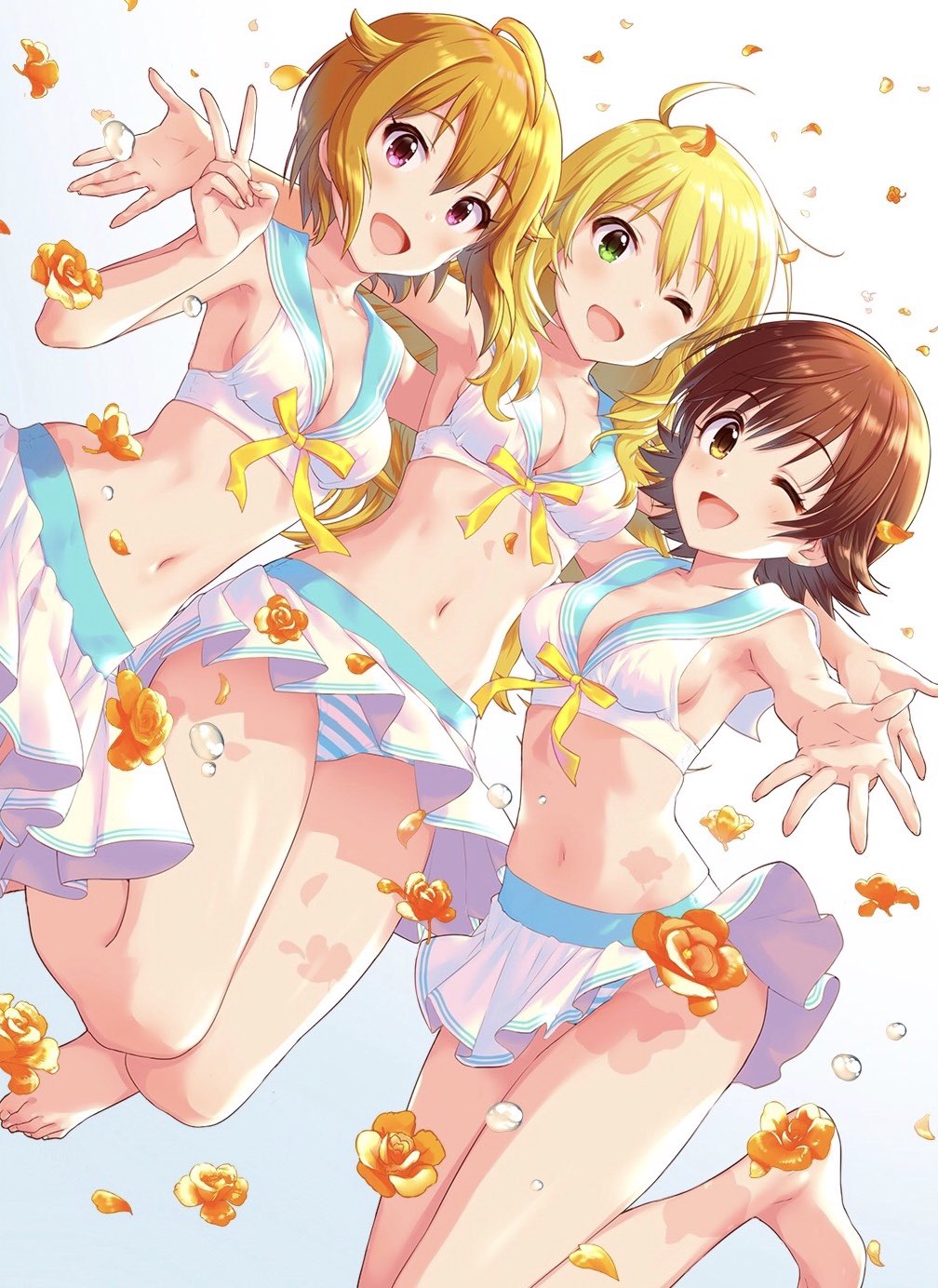 3girls ;d annindoufu_(oicon) blonde_hair blush breasts brown_eyes brown_hair flower green_eyes highres honda_mio hoshii_miki ibuki_tsubasa idolmaster idolmaster_cinderella_girls multiple_girls navel one_eye_closed open_mouth panties pink_eyes ribbon short_hair smile striped striped_panties swimsuit underwear v