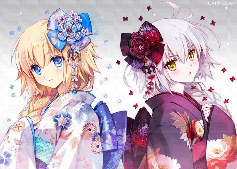 2girls ahoge blonde_hair blue_eyes braid carnelian eyebrows_visible_through_hair fate/apocrypha fate/grand_order fate_(series) floral_print flower hair_flower hair_ornament japanese_clothes jeanne_d'arc_(alter)_(fate) jeanne_d'arc_(fate) jeanne_d'arc_(fate)_(all) kimono long_braid long_hair looking_at_viewer multiple_girls obi sash silver_hair single_braid smile very_long_hair wide_sleeves yellow_eyes