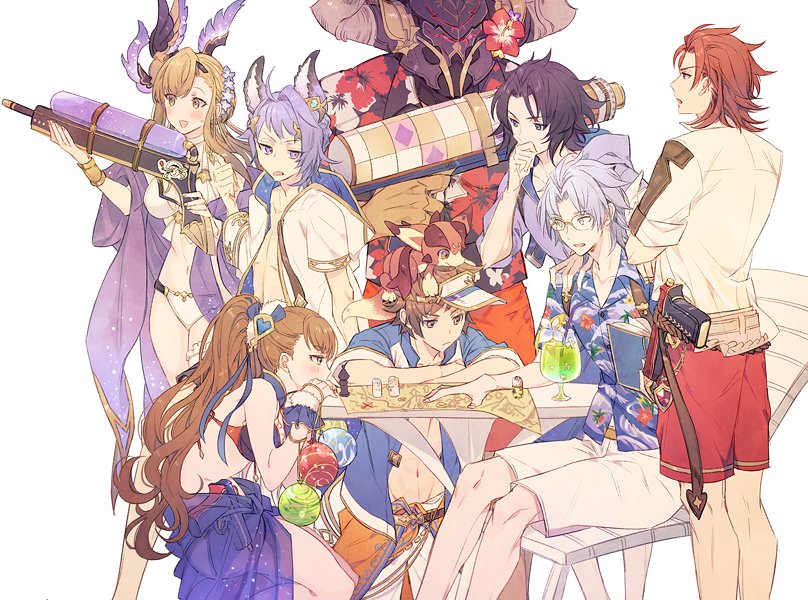 2girls 6+boys a082 altair_(granblue_fantasy) alternate_costume armor beatrix_(granblue_fantasy) bikini black_hair blue_eyes blue_hair book brown_eyes brown_hair draph erune flower gran_(granblue_fantasy) granblue_fantasy hair_flower hair_ornament hawaiian_shirt helm helmet hood hoodie lancelot_(granblue_fantasy) multiple_boys multiple_girls percival_(granblue_fantasy) ponytail quatre_(granblue_fantasy) red_eyes redhead shirt silver_hair song_(granblue_fantasy) sweatdrop swimsuit table vaseraga vee_(granblue_fantasy) water_balloon water_gun