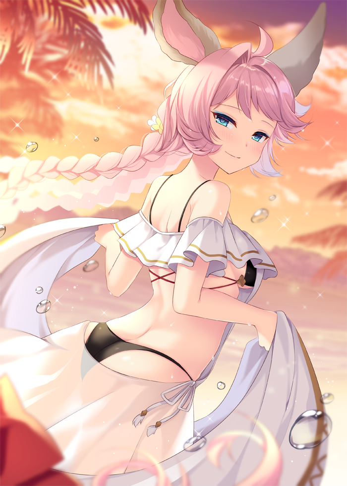 1girl absurdly_long_hair ahoge animal_ears ass bangs bare_shoulders bikini black_bikini blue_eyes blurry blurry_background blush braid breasts butt_crack closed_mouth clouds commentary_request depth_of_field dutch_angle erune esser eyeshadow flower granblue_fantasy hair_flower hair_intakes hair_ornament holding lake long_hair looking_at_viewer looking_back makeup medium_breasts outdoors palm_tree pink_hair see-through shikitani_asuka sky smile solo standing sunset swimsuit tree very_long_hair water white_flower yellow_flower