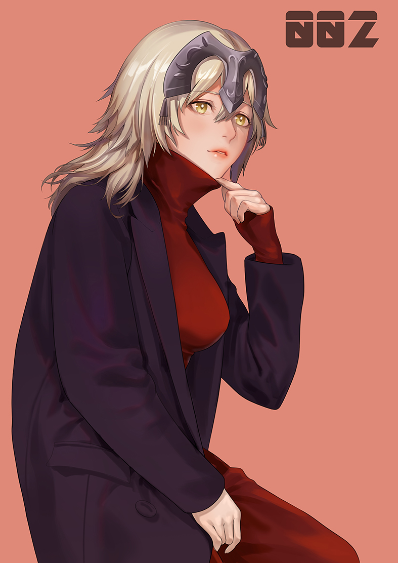 1girl blush breasts brown_hair coat eyebrows_visible_through_hair fate/grand_order fate_(series) headpiece jeanne_d'arc_(alter)_(fate) jeanne_d'arc_(fate)_(all) joe_(j_studio) large_breasts long_hair long_sleeves looking_away parted_lips red_background simple_background solo sweater turtleneck turtleneck_sweater yellow_eyes