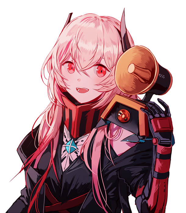 1girl :d bangs black_coat black_jumpsuit blush coat digi-mind_update_(girls_frontline) dinergate_(girls_frontline) gas_mask girls_frontline gloves hair_between_eyes hand_up headgear long_hair looking_at_viewer m4_sopmod_ii_(girls_frontline) megaphone multicolored_hair open_clothes open_coat open_mouth pink_hair prosthesis prosthetic_arm red_eyes redhead ro635_(girls_frontline) short_jumpsuit sidelocks silence_girl simple_background smile solo streaked_hair upper_body white_background