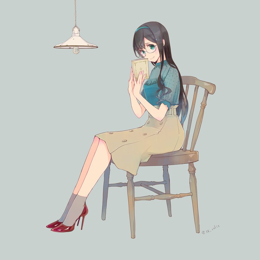 1girl alternate_costume black_hair blouse blue_eyes book brown_skirt chair colis commentary_request full_body green_blouse grey_background grey_legwear hairband high_heels kantai_collection lamp long_hair looking_at_viewer ooyodo_(kantai_collection) red_footwear short_socks simple_background sitting skirt socks solo white_hairband