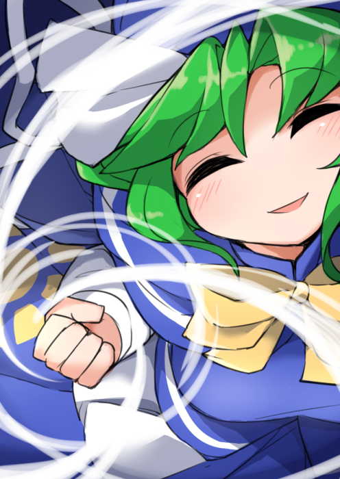 1girl ^_^ blue_capelet blue_shirt blue_skirt bow bowtie capelet clenched_hand closed_eyes closed_eyes eyebrows_visible_through_hair fun_bo green_hair hat head_tilt incoming_punch long_sleeves medium_hair mima no_nose open_mouth shirt skirt skirt_set smile solo touhou touhou_(pc-98) upper_body wizard_hat yellow_bow yellow_neckwear
