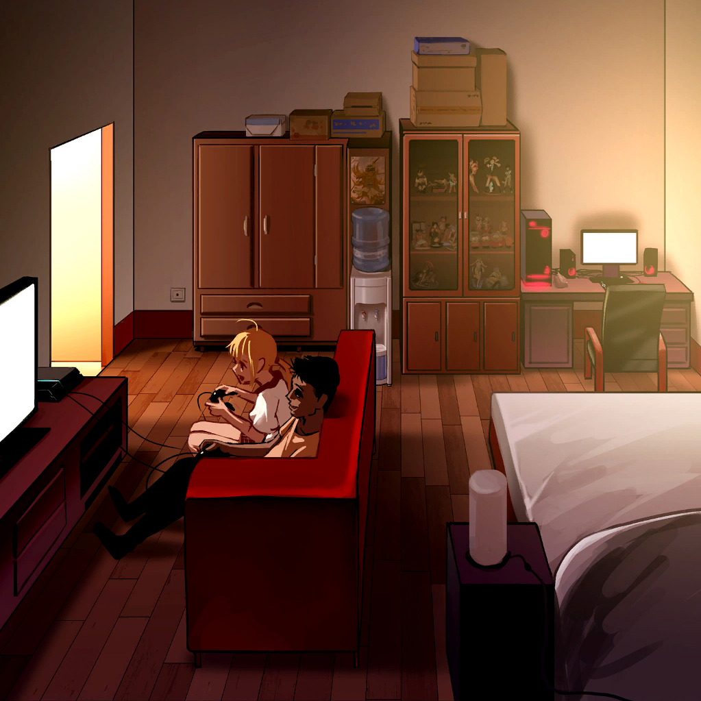 1boy 1girl as109 bed bedroom bend blonde_hair broom controller couch elf game_controller gamepad hair_ribbon indoors long_hair original playing pointy_ears ribbon shirt sleeping underwear