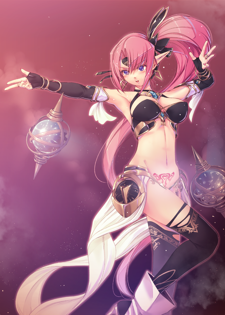 1girl bare_shoulders boots breasts choker elbow_gloves elf fingerless_gloves gloves highres kirishima_satoshi large_breasts long_hair navel orb original pink_hair pointy_ears ponytail pubic_tattoo solo tattoo thigh-highs violet_eyes