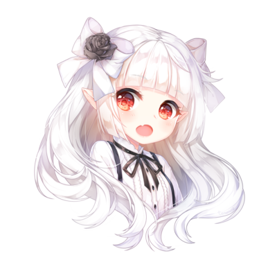 1girl bangs black_flower black_rose blanca_(liliorl) bow commission fang flower frills hair_bow hair_flower hair_ornament headshot looking_at_viewer lowres open_mouth original pointy_ears red_eyes ribbon rose solo tonowa upper_body