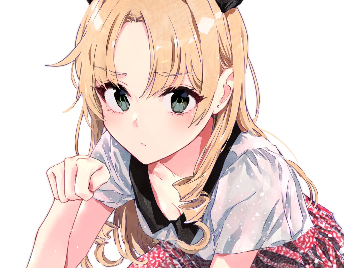 1girl black_collar blonde_hair blush breasts cleavage closed_mouth collar collarbone cowboy_shot drill_hair earrings eyebrows_visible_through_hair eyelashes green_eyes hand_up jewelry leaning_forward long_hair looking_at_viewer medium_breasts miura_yumiko official_art paw_pose ponkan_8 red_skirt semi-transparent shirt short_sleeves sidelocks simple_background skirt solo white_background white_shirt white_skirt yahari_ore_no_seishun_lovecome_wa_machigatteiru.