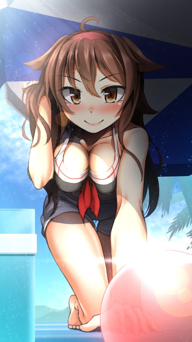 1girl ahoge alternate_costume ball beachball bikini_shorts bikini_top breasts cleavage gorito hair_flaps headband kantai_collection long_hair looking_at_viewer medium_breasts neckerchief shiratsuyu_(kantai_collection) shorts solo swimsuit