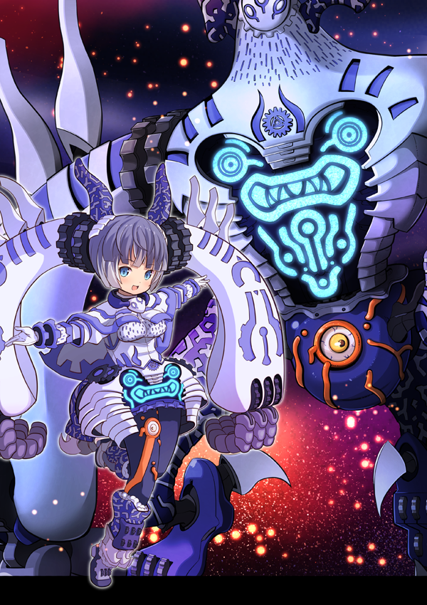 1girl :d aqua_eyes bangs blunt_bangs blush bob_cut breasts capelet comiket_91 commentary_request dual_persona duel_monster eyeball eyebrows_visible_through_hair garoudo_(kadouhan'i) gloves glowing headgear horns indiora_doom_volt_the_cubic_emperor lavender_hair leg_up looking_at_viewer open_mouth outstretched_arms personification short_hair smile standing standing_on_one_leg white_capelet white_gloves yu-gi-oh! yuu-gi-ou yuu-gi-ou_duel_monsters yuu-gi-ou_the_dark_side_of_dimensions