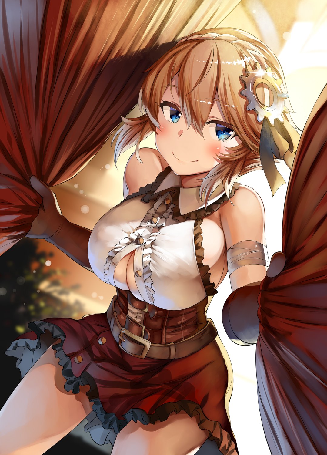 1girl bangs belt blonde_hair blue_eyes blurry blurry_background blush braid breasts brown_gloves buckle center_frills cleavage closed_mouth collared_shirt corset crown_braid curtain_grab curtains day depth_of_field dolly_(sennen_sensou_aigis) elbow_gloves eyebrows_visible_through_hair frilled_shirt_collar frilled_skirt frills girl_on_top gloves grin hair_between_eyes highres indoors large_breasts leaning_forward light_particles lolicept looking_at_viewer messy_hair partially_unbuttoned red_skirt sennen_sensou_aigis shirt short_hair sidelocks skirt sleeveless sleeveless_shirt smile solo_focus sparkle sweat taut_clothes thighs white_shirt