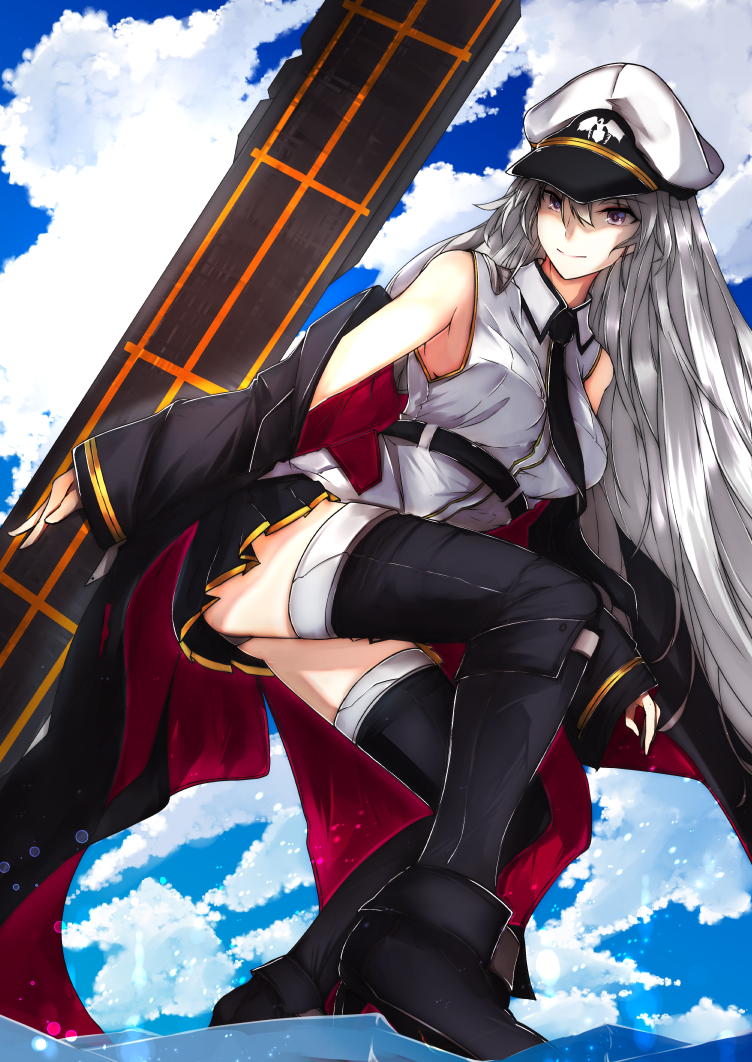 azur_lane black_belt black_coat black_neckwear clouds cloudy_sky coat collared_shirt commentary_request deck enterprise_(azur_lane) eyebrows_visible_through_hair hat military miniskirt necktie open_clothes open_coat otsunabe_(naabe_delta) peaked_cap pleated_skirt shirt silver_hair skirt sky sleeveless sleeveless_shirt underbust violet_eyes white_hat