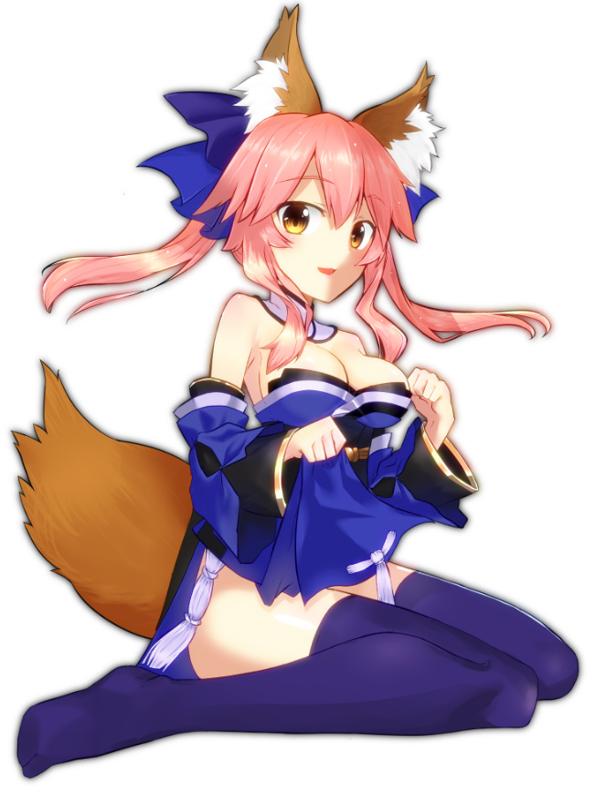 1girl animal_ear_fluff animal_ears blue_legwear blue_ribbon breasts cleavage detached_sleeves fate/extra fate/grand_order fate_(series) fox_ears fox_tail hair_ribbon japanese_clothes kitajoh large_breasts looking_at_viewer open_mouth pink_hair ribbon seiza simple_background sitting solo tail tamamo_(fate)_(all) tamamo_no_mae_(fate) white_background yellow_eyes