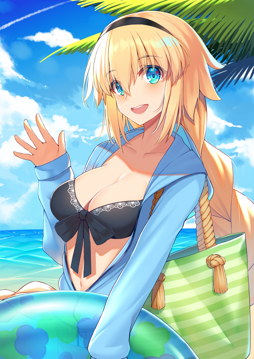1girl :d bag bangs beach bikini bikini_top bikini_under_clothes black_bow black_hairband blonde_hair blue_eyes blue_jacket blue_sky blush bow braid breasts cleavage clouds collarbone day eyebrows_visible_through_hair fate/grand_order fate_(series) front-tie_bikini front-tie_top hair_between_eyes hairband hand_up highres hood hood_down hooded_jacket innertube jacket jeanne_d'arc_(swimsuit_archer) long_hair long_sleeves looking_at_viewer medium_breasts mhong navel open_clothes open_jacket open_mouth outdoors palm_tree shiny shiny_hair single_braid sky smile solo swimsuit tree very_long_hair waving